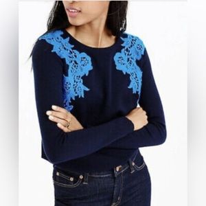 Women's J. Crew Azurite Blue Lace Appliqué Embroidered Crew Neck Sweater